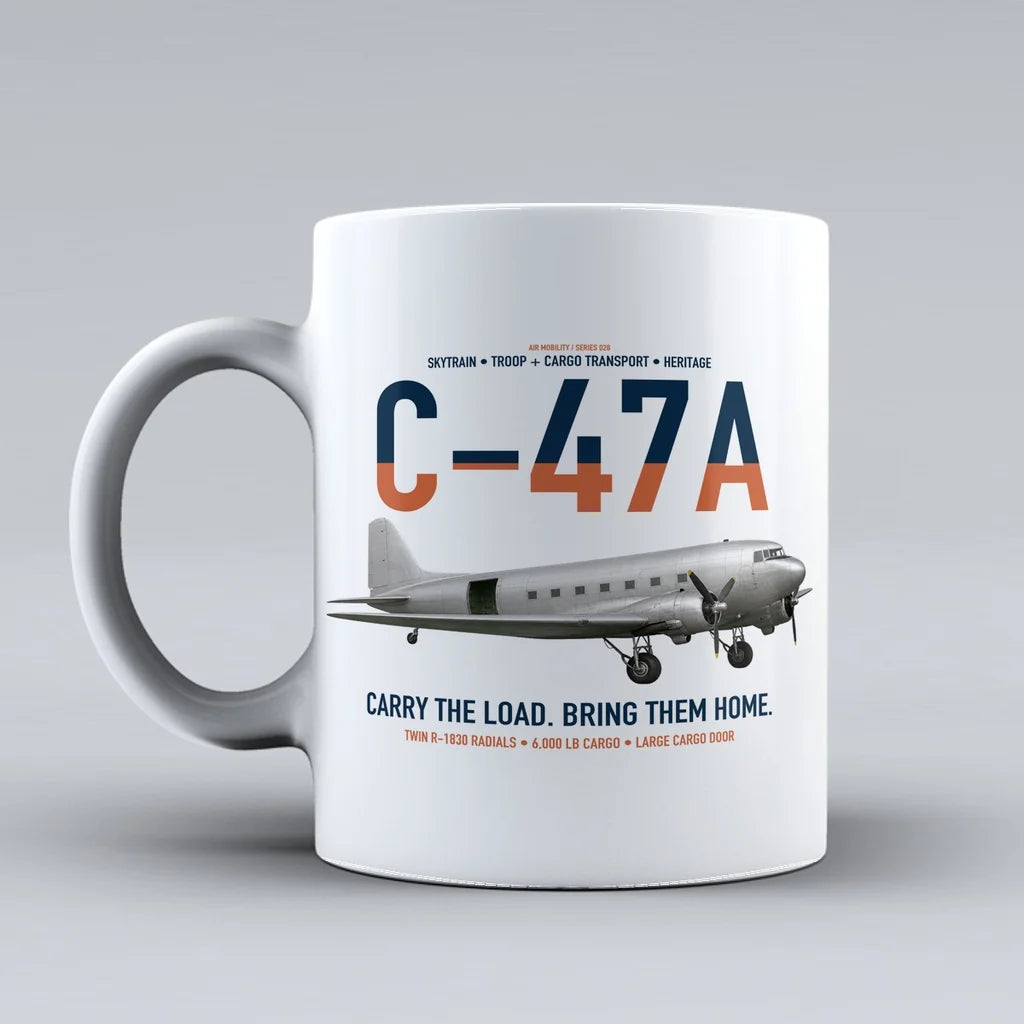 C-47A Skytrain design on white ceramic mug, double-side print
