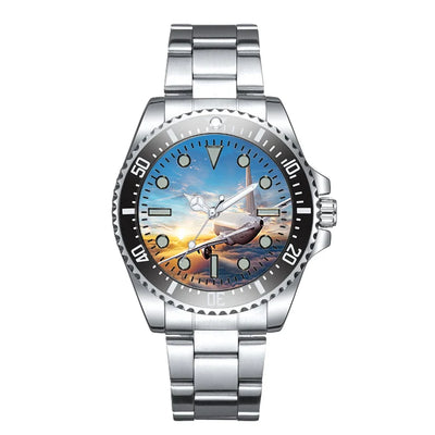 Airliner Jet Cruising over Clouds Luxury Aviators aviation aviator watch, premium stainless steel body with engraved detail.