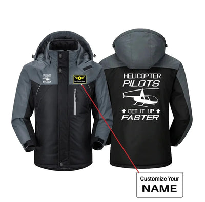 Helicopter Pilots Get It Up Faster aviation design printed on heavyweight insulated shell thick winter jacket.