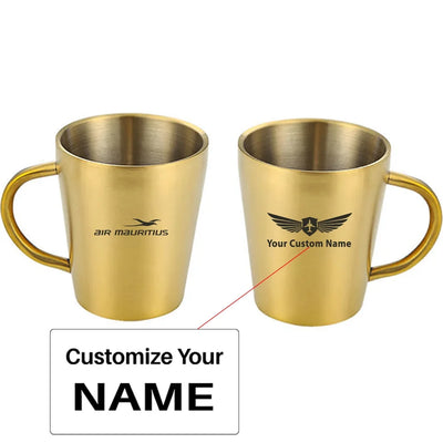 Air Mauritius Airlines aviation design on stainless coffee mug, durable stainless steel construction.