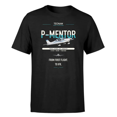 Tecnam P-Mentor design on black t-shirt, single-side print