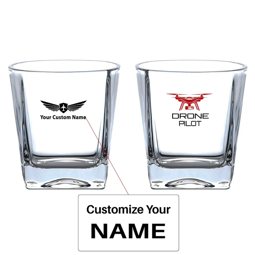 Drone aviation design on whiskey glass, crystal-clear premium glassware.