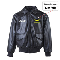 Thumbnail for Airbus A380 Flat Text Leather Bomber Jackets (NO Fur) aviation design printed on genuine leather with quilted lining leather.