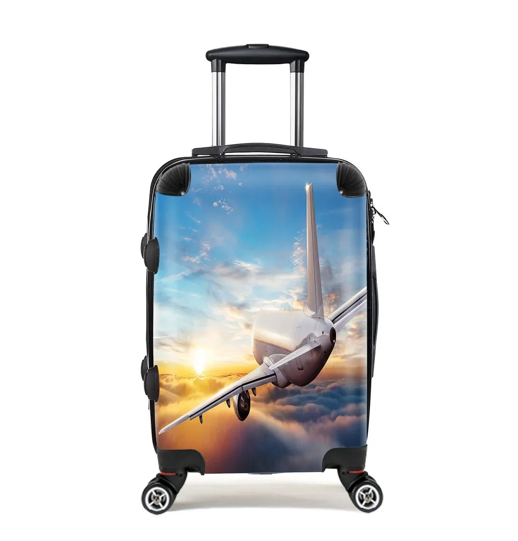 Airliner Jet Cruising over Clouds Cabin Size aviation print luggage, durable shell.