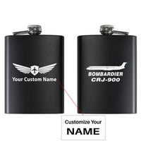Thumbnail for Bombardier CRJ-900 aviation design on stainless hip flask, compact pocket-size flask.