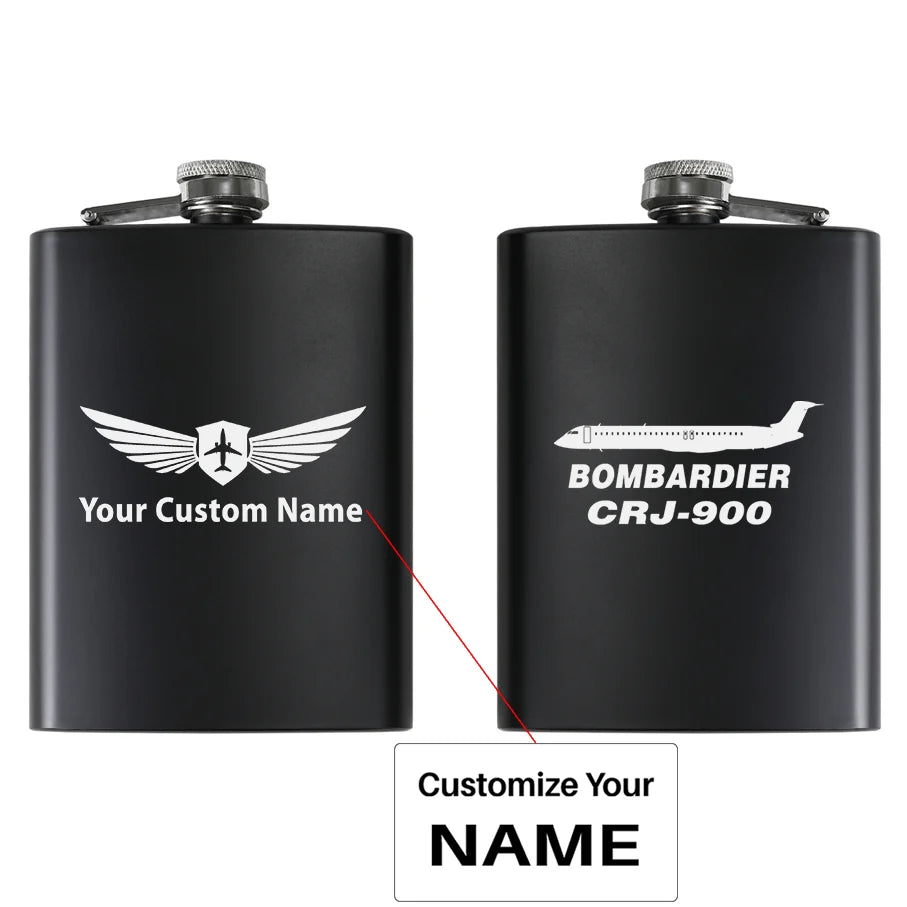 Bombardier CRJ-900 aviation design on stainless hip flask, compact pocket-size flask.