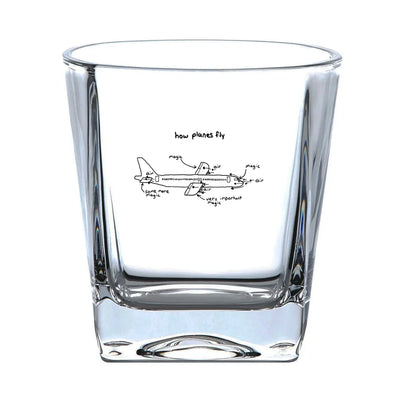 How Planes Fly aviation design on whiskey glass, crystal-clear premium glassware.