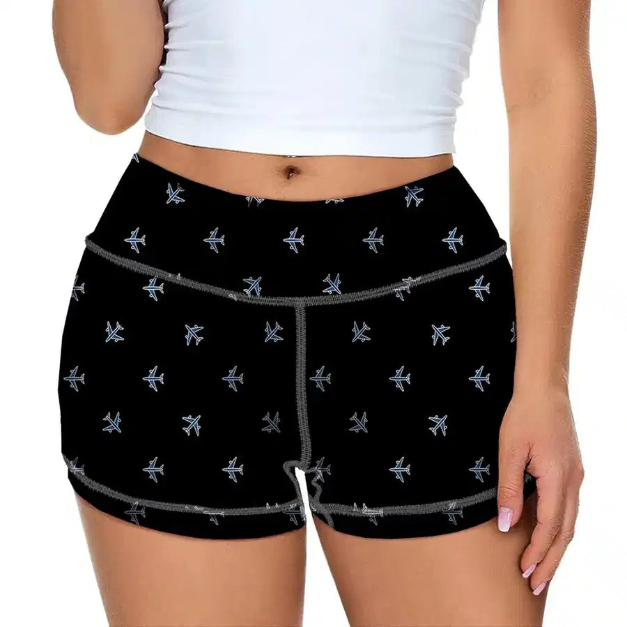 Nice Airplanes (Black) aviation design on stretch polyester blend women's yoga shorts/pants.
