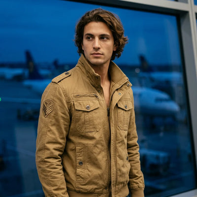 Pilot jacket on model — editorial