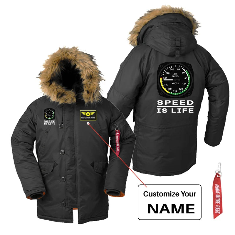 Speed Is Life aviation design printed on heavyweight shell with hooded warmth parka bomber.