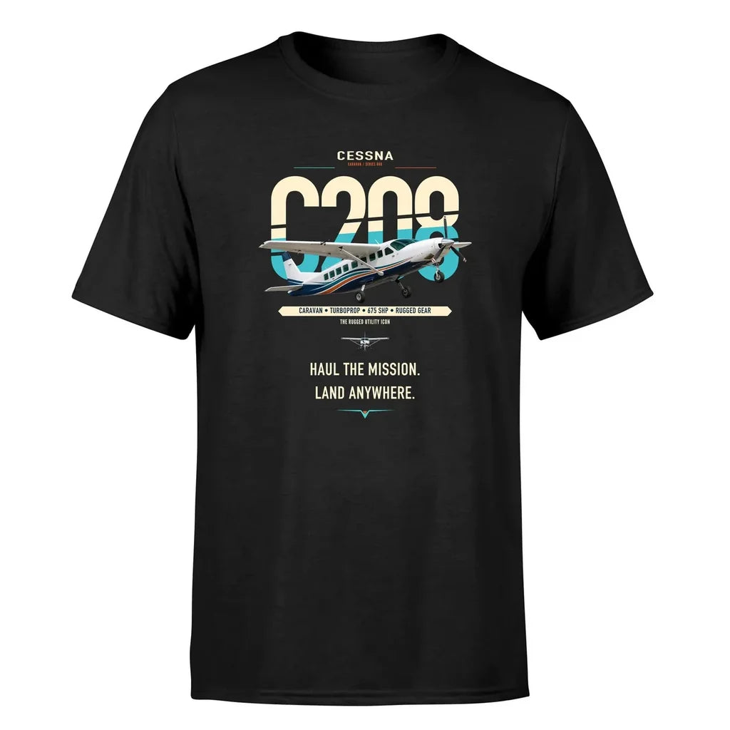Cessna 208 Caravan design on black t-shirt, single-side print