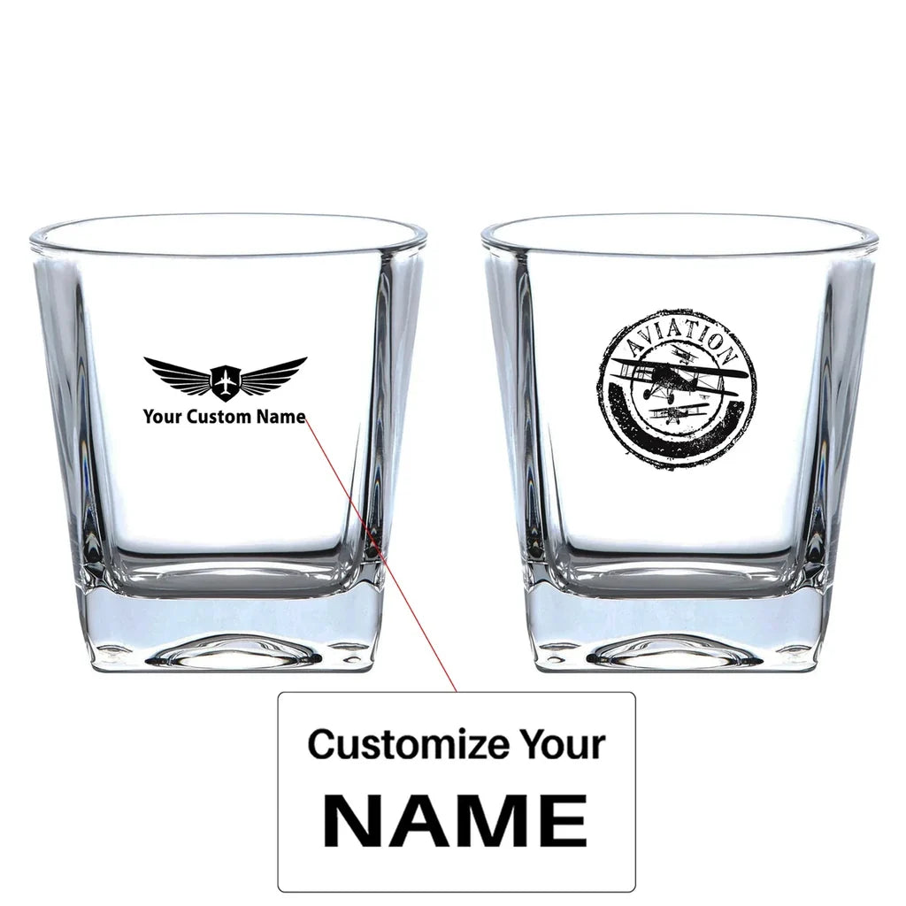 Aviation Lovers aviation design on whiskey glass, crystal-clear premium glassware.