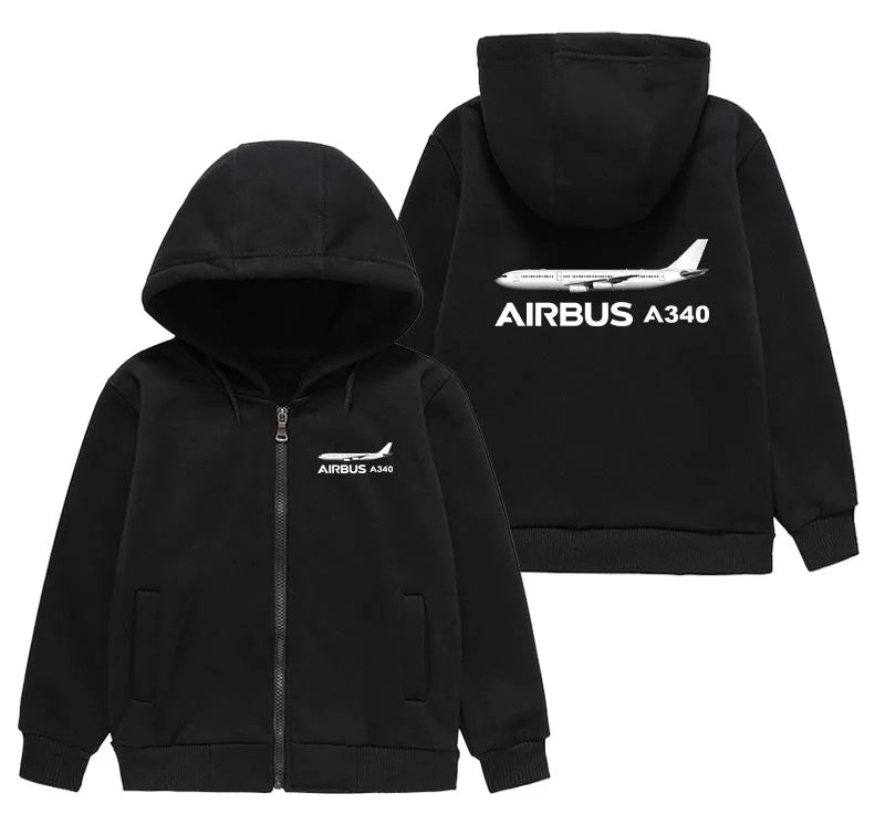 The Airbus A340 "CHILDREN" aviation print on kids soft cotton blend zipped hoodie.