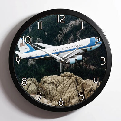 Cruising United States of America Boeing 747 aviation design on premium wood and metal wall clock.