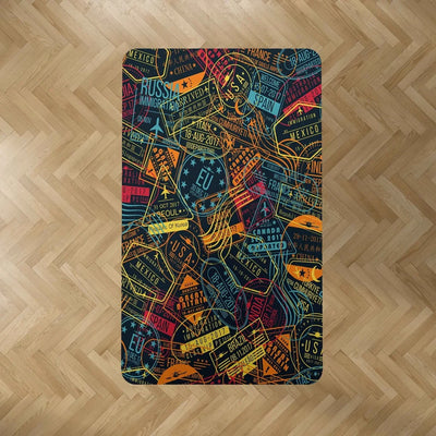 Dark Coloured Passport Stamps aviation design on durable carpet pile with non-slip backing rectangle carpet floor mat.
