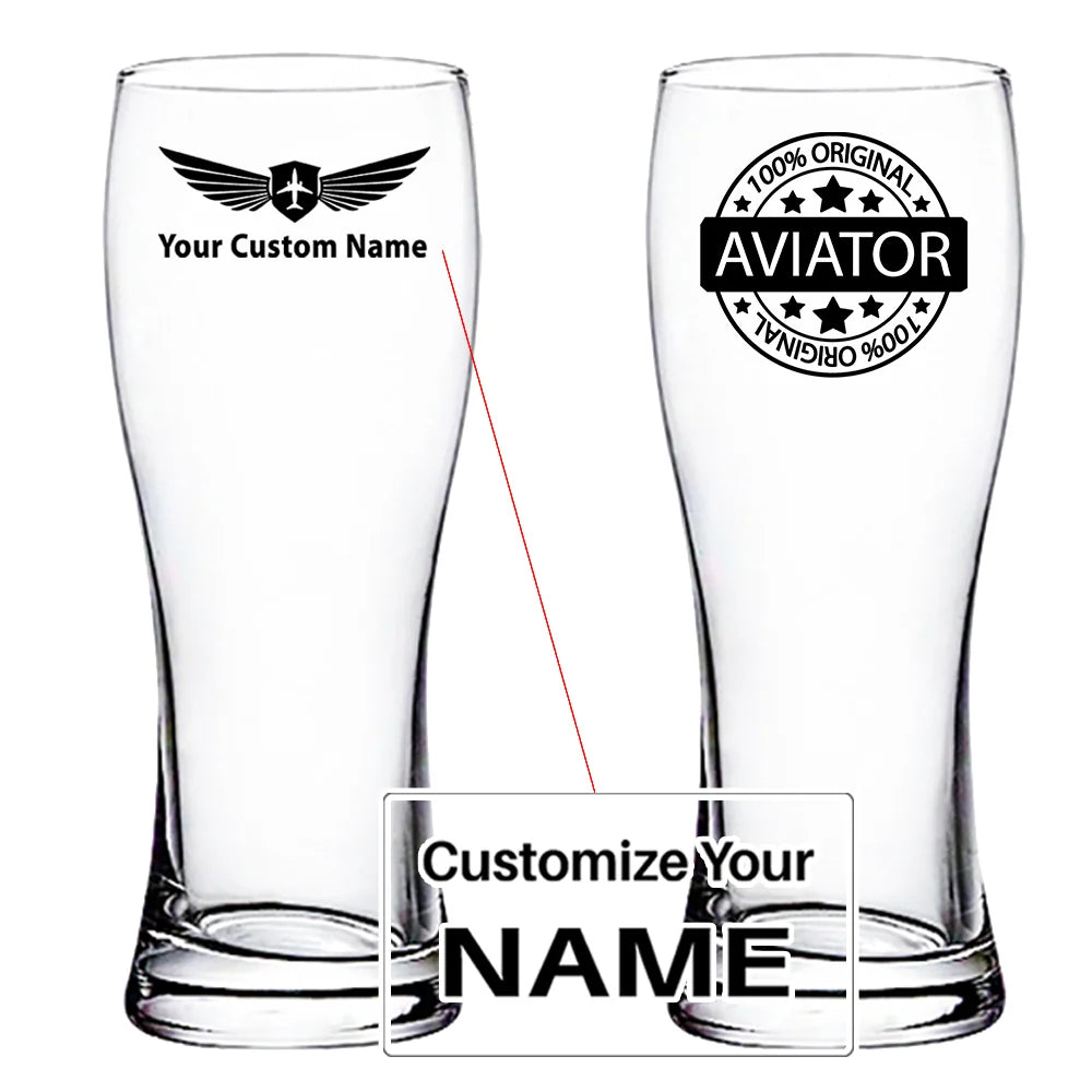 %100 Original Aviator aviation design on pilsner glass, tall pilsner glassware.
