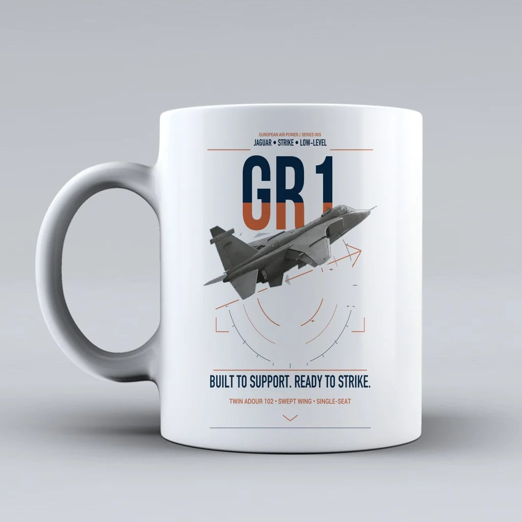 SEPECAT Jaguar GR1 design on white ceramic mug, double-side print