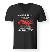 Thumbnail for If You're Cool You're Probably a Pilot aviation design printed on soft cotton V-neck T-shirt.
