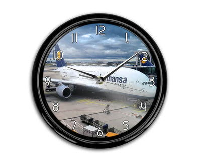 Lufthansa's A380 At The Gate aviation themed wall clock, premium wood and metal.