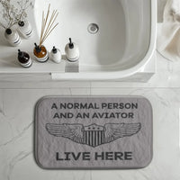 Thumbnail for A Normal Person and an AVIATOR Live Here aviation print bath mat, soft absorbent fabric with non-slip backing.