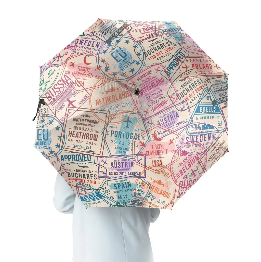 Passport Stamps aviation design on windproof polyester umbrella.