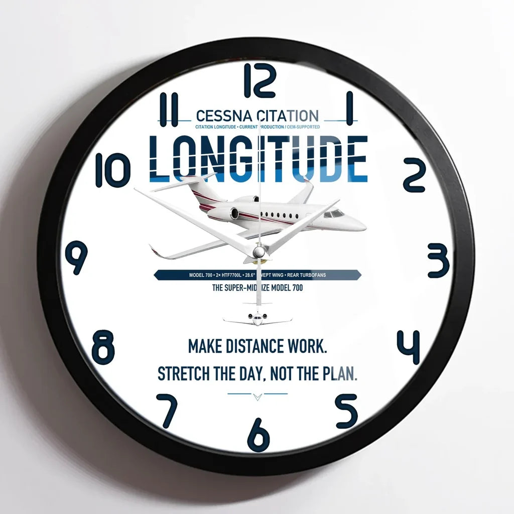 Cessna Citation Longitude design on white framed wall clock