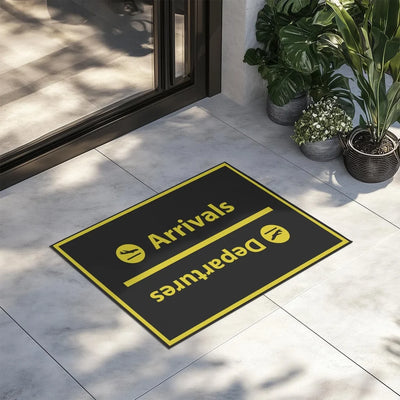 Arrival and Departures 4 (Black) aviation print door mat, durable fibre with non-slip backing.