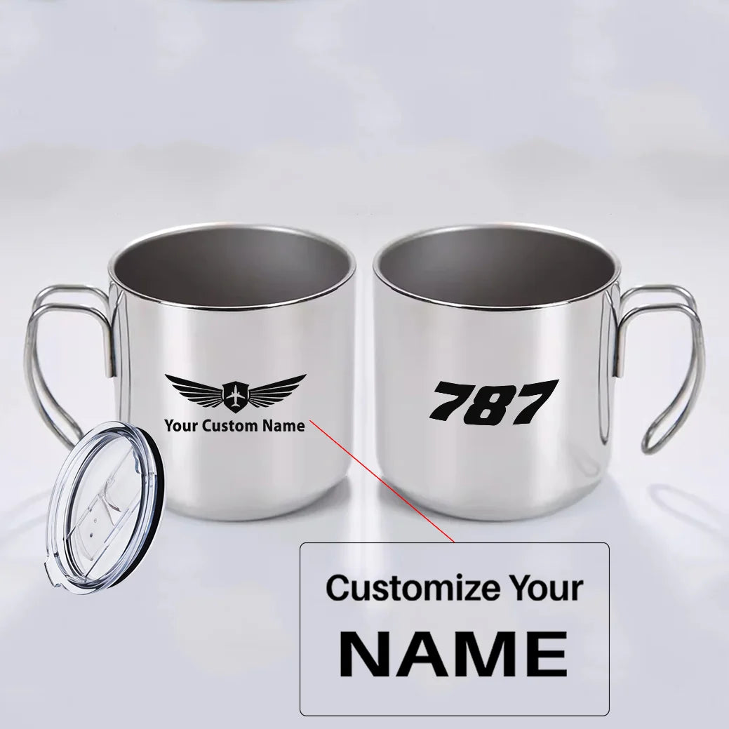 Boeing 787 Flat Text aviation design on portable mug, vacuum-insulated double-wall.