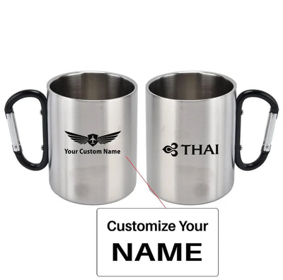 Thai Airways aviation design on outdoor mug, durable insulated construction.