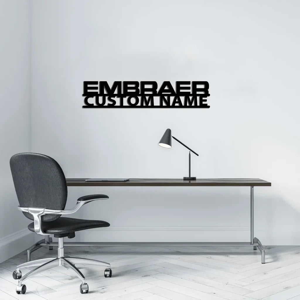 Embraer & Text aviation design on durable metal with painted finish metal wall sign.