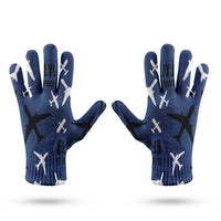 Thumbnail for Fly Be Free Blue aviation design on soft knit fabric gloves.