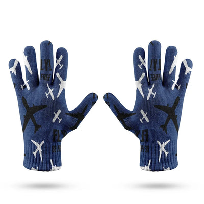 Fly Be Free Blue aviation design on soft knit fabric gloves.