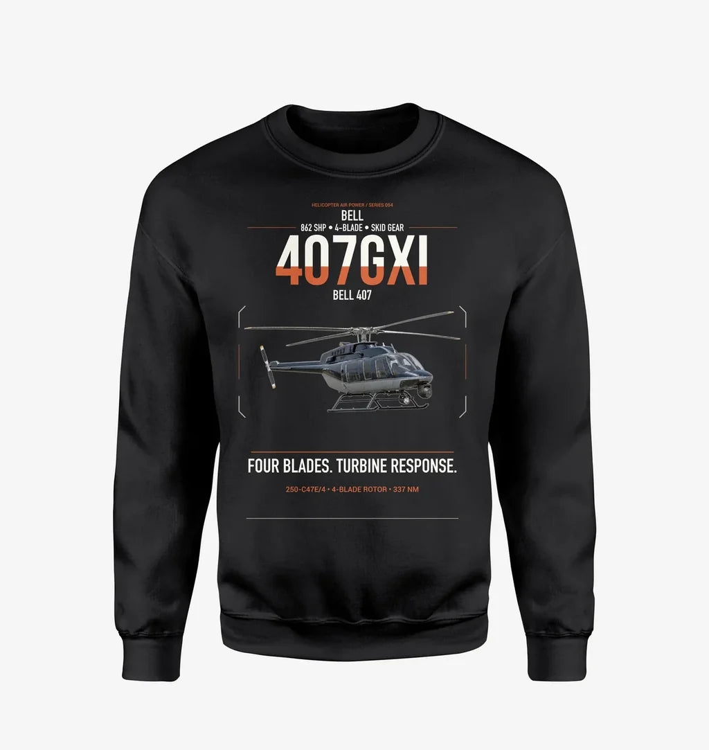 Bell 407GXi design on black sweatshirt