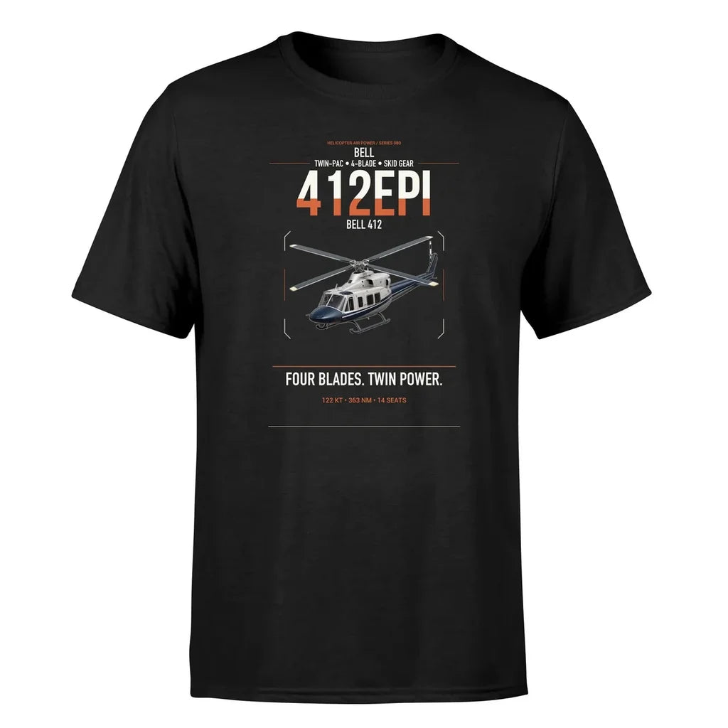 Bell 412EPI design on black t-shirt, single-side print