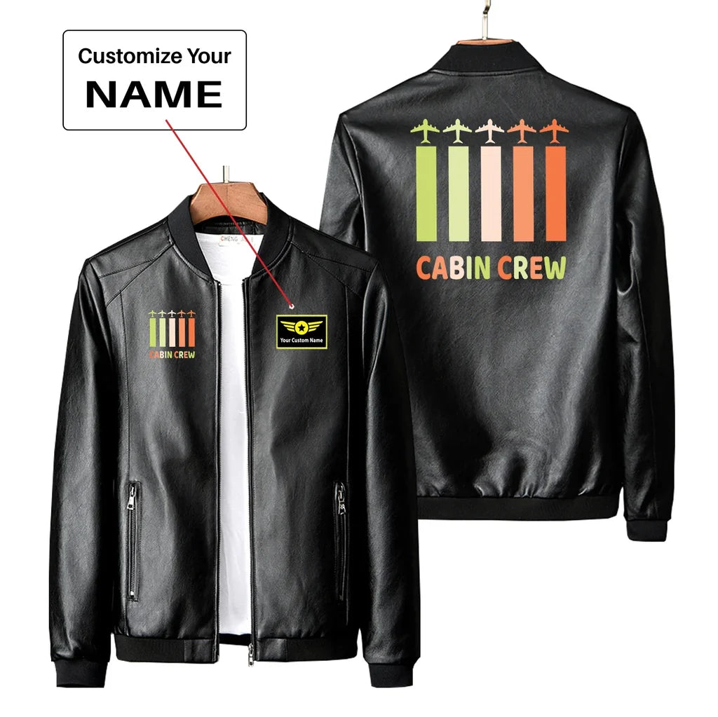 Colourful Cabin Crew PU aviation design printed on genuine leather with quilted lining leather jacket.