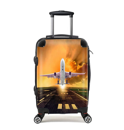 Amazing Departing Aircraft Sunset & Clouds Behind Cabin Size aviation print luggage, durable shell.