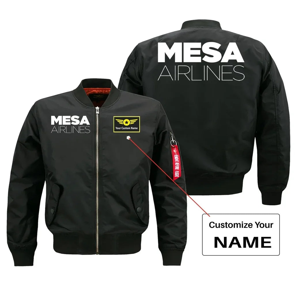 Mesa Airlines aviation design with custom name embroidered on black bomber jacket