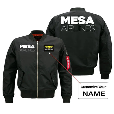 Mesa Airlines aviation design with custom name embroidered on black bomber jacket