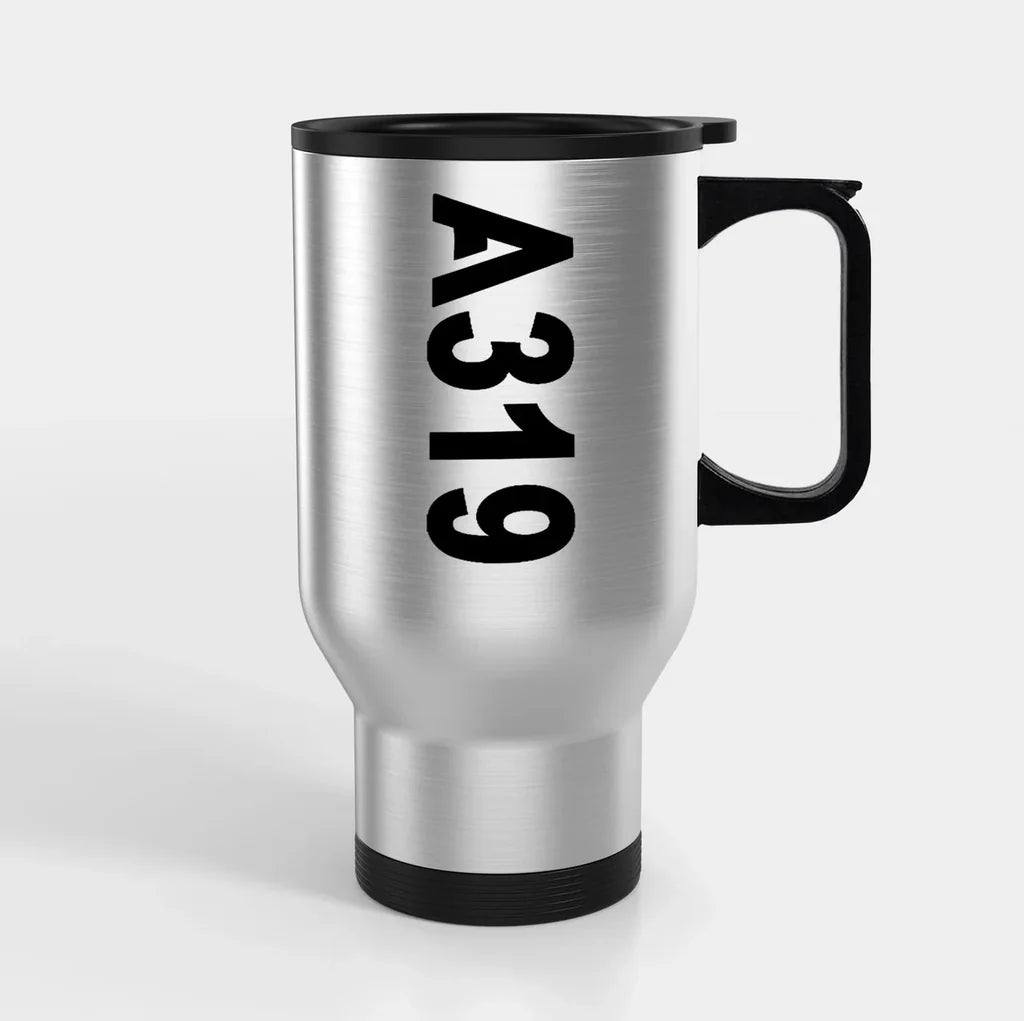 Airbus A319 Text Side Travel Mugs (With Holder) aviation design on travel mug with holder, insulated double-wall with car-cup.