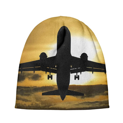 Departing Passanger Jet During Sunset aviation embroidery on soft knit fabric 3D knit beanie.