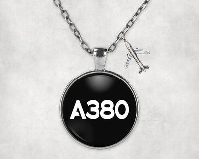 Airbus A380 Flat Text aviation necklace, stainless steel body with engraved detail.