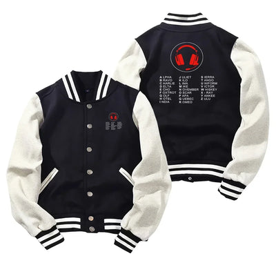 Aviation Alphabet 3 Baseball Style aviation design printed on two-tone shell with ribbed cuffs baseball jacket.