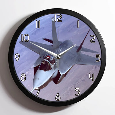 Fighter Jet 35 Captured in the Air aviation design on premium wood and metal wall clock.
