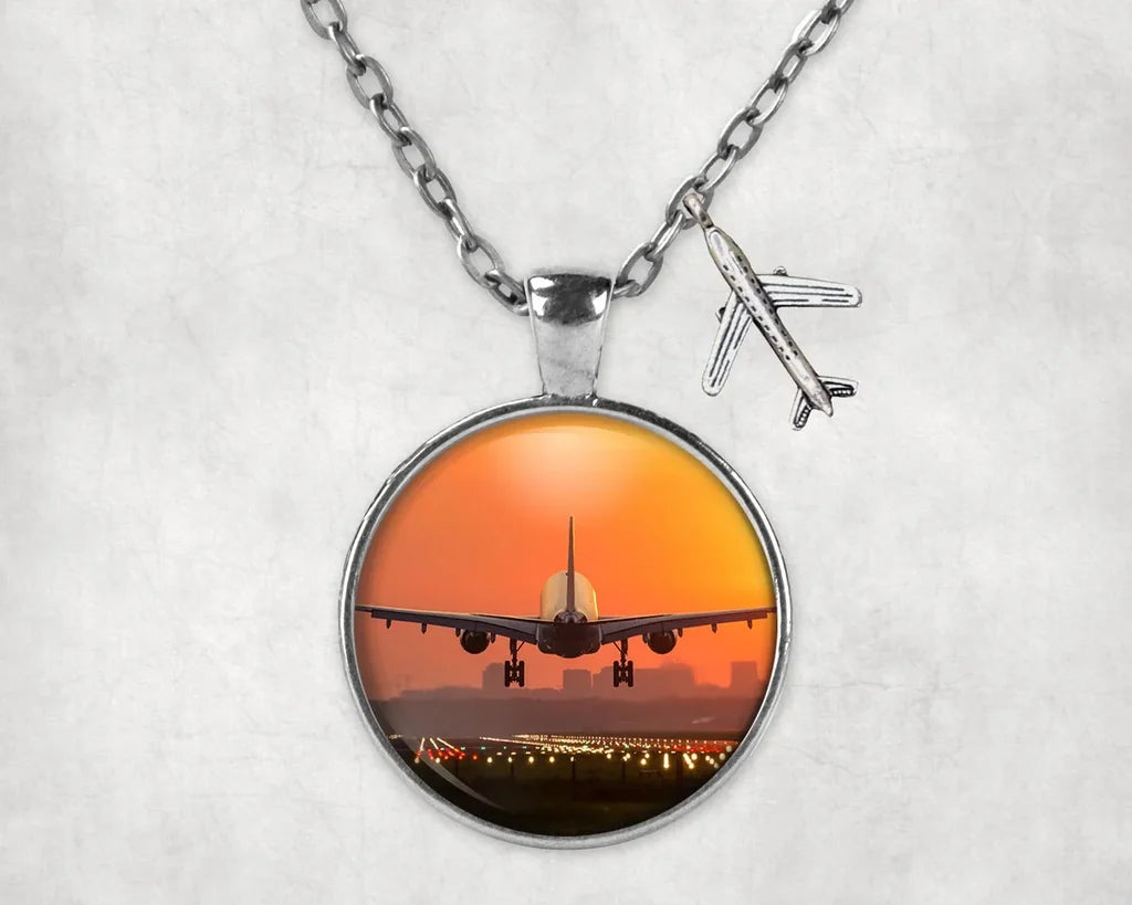 Side view of Amazing Airbus A330 Landing at Sunset aviation necklace in stainless steel, polished finish.