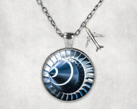 Thumbnail for Blue Toned Super Jet Engine Blades Closeup aviation-themed necklace, polished stainless steel.