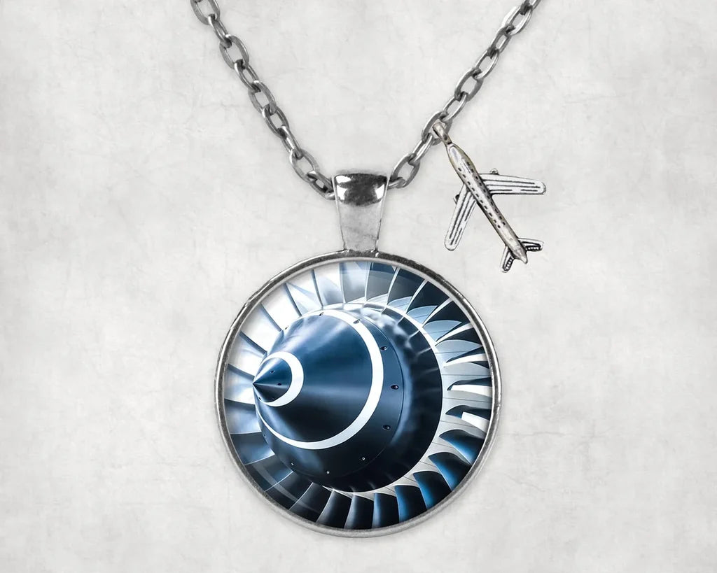 Blue Toned Super Jet Engine Blades Closeup aviation-themed necklace, polished stainless steel.