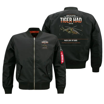 Airbus Helicopters Tiger HAD design on black bomber jacket, double-side print