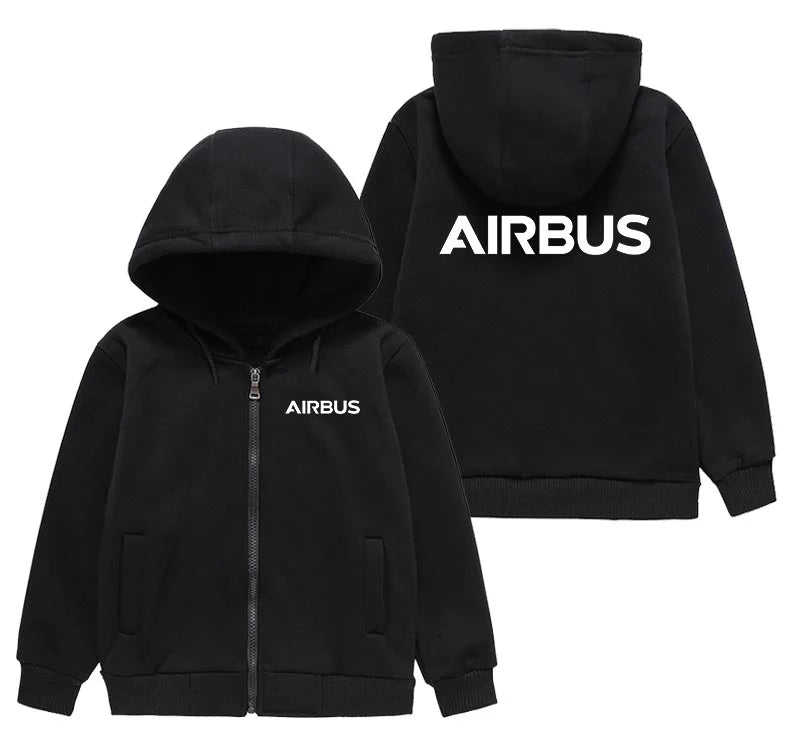 Airbus & Text "CHILDREN" aviation print on kids soft cotton blend zipped hoodie.