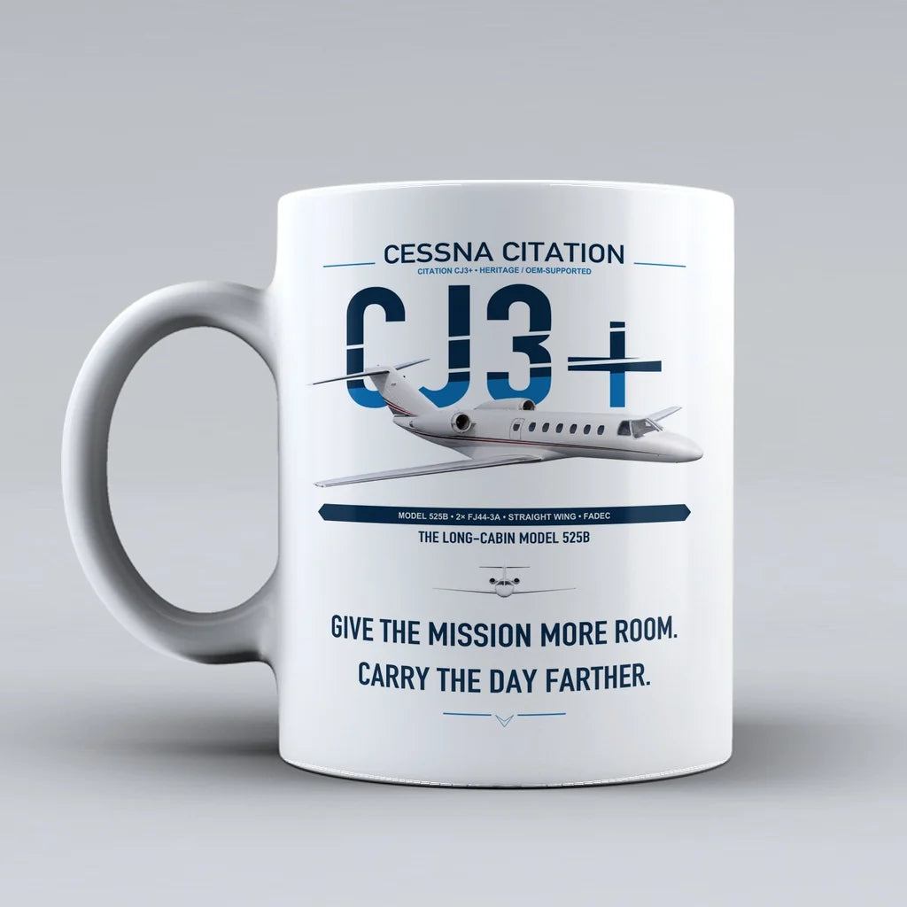 Cessna Citation CJ3+ design on white ceramic mug, double-side print