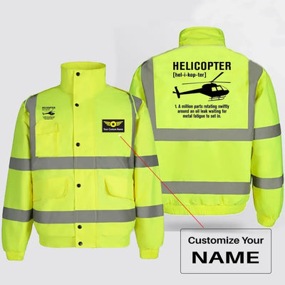 Helicopter [Noun] aviation design printed on insulated shell with high-visibility reflective panels reflective winter jacket.